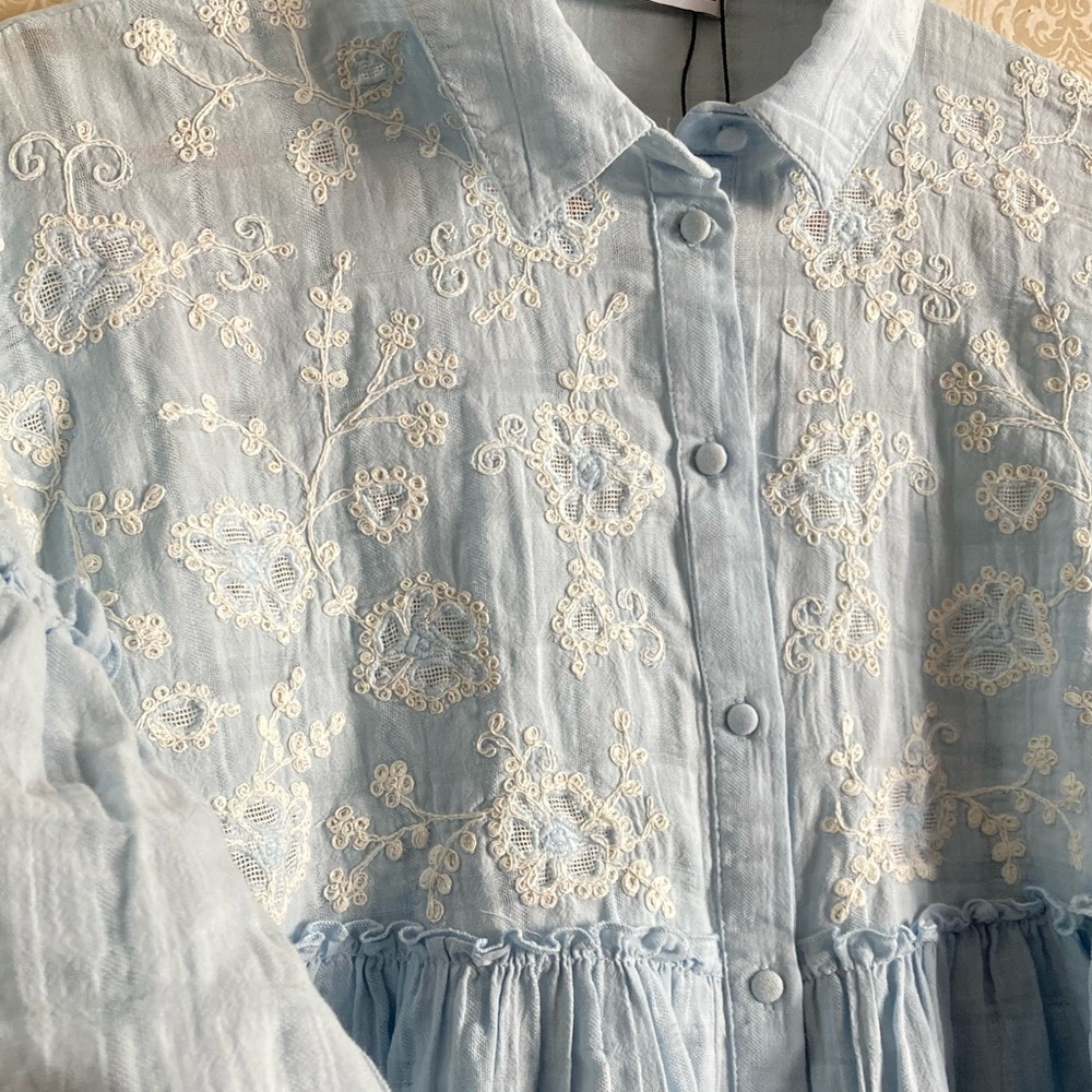 ZARA Sky Blue Gathered Embroidery Top - Picture 5 of 5